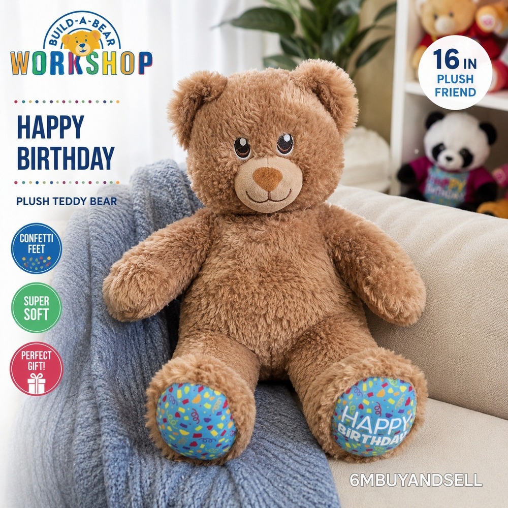 Build A Bear Workshop Happy Birthday Brown Plush Teddy Bear Confetti Feet 16in